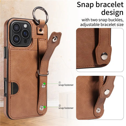 008 For iPhone 16 Pro Max Case Wristband Kickstand PU Leather TPU Phone Cover