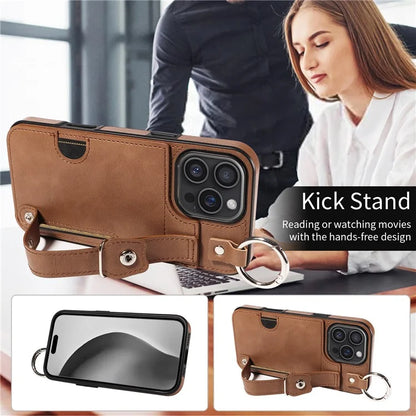 008 For iPhone 16 Pro Max Case Wristband Kickstand PU Leather TPU Phone Cover