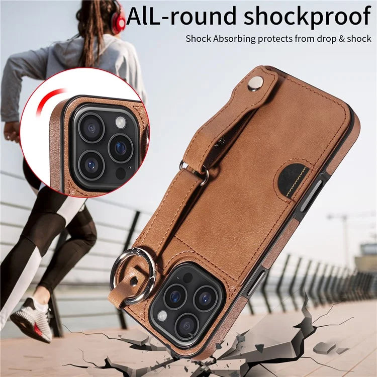 008 For iPhone 16 Pro Max Case Wristband Kickstand PU Leather TPU Phone Cover