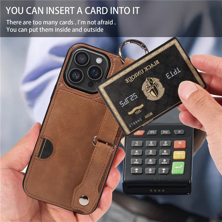 008 For iPhone 16 Pro Max Case Wristband Kickstand PU Leather TPU Phone Cover