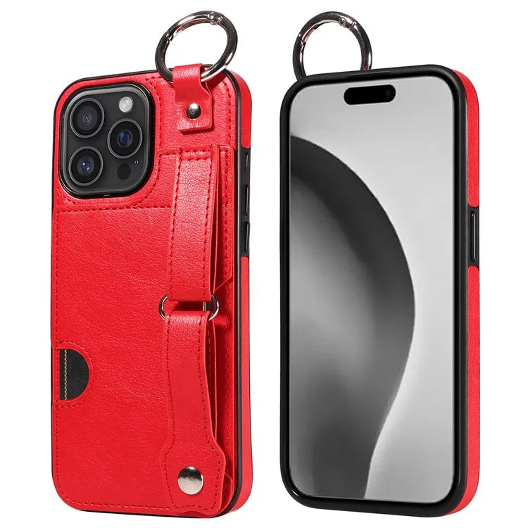 008 For iPhone 16 Pro Max Case Wristband Kickstand PU Leather TPU Phone Cover