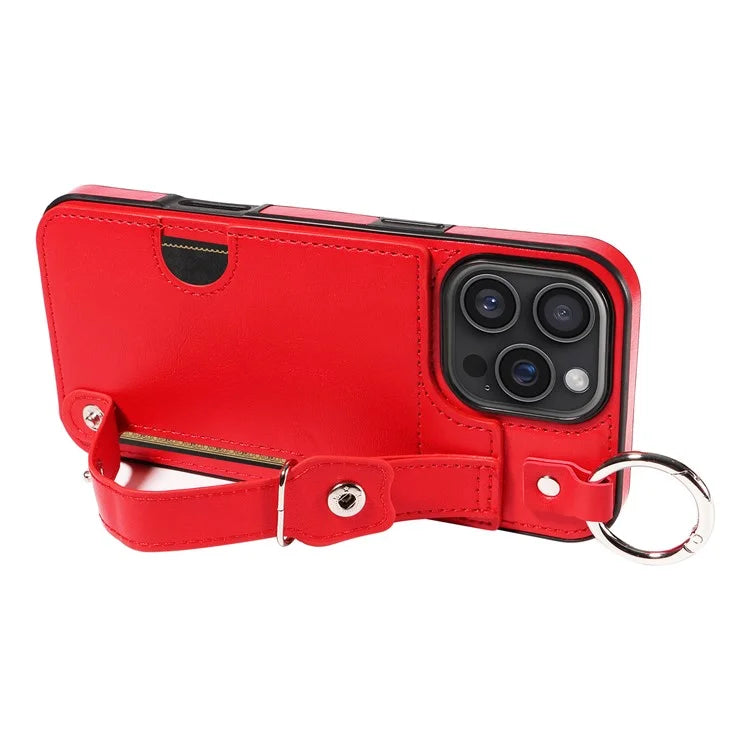 008 For iPhone 16 Pro Max Case Wristband Kickstand PU Leather TPU Phone Cover