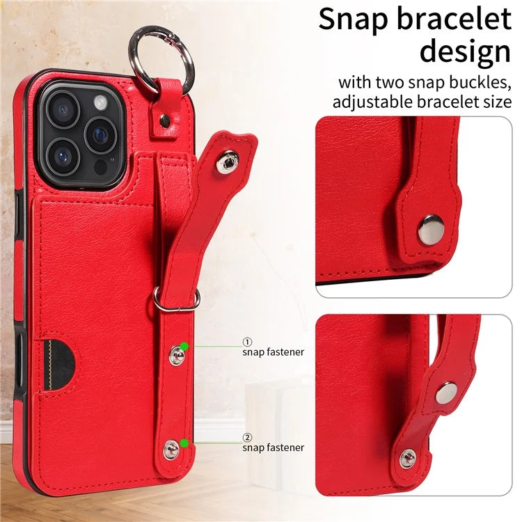 008 For iPhone 16 Pro Max Case Wristband Kickstand PU Leather TPU Phone Cover