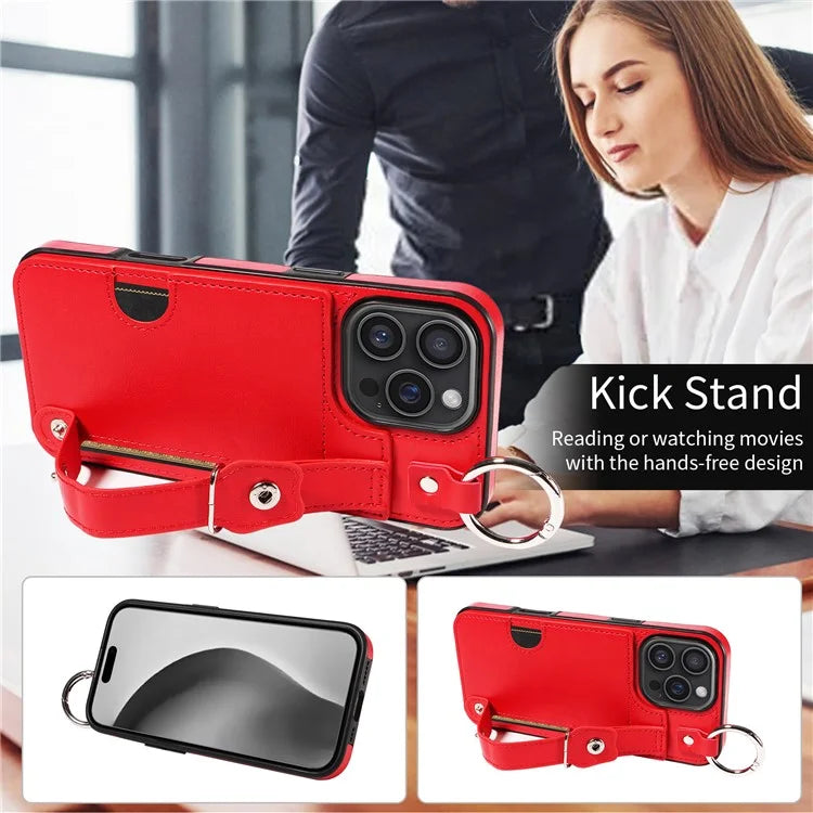 008 For iPhone 16 Pro Max Case Wristband Kickstand PU Leather TPU Phone Cover