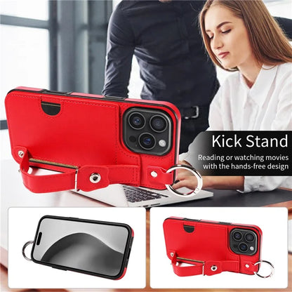 008 For iPhone 16 Pro Max Case Wristband Kickstand PU Leather TPU Phone Cover