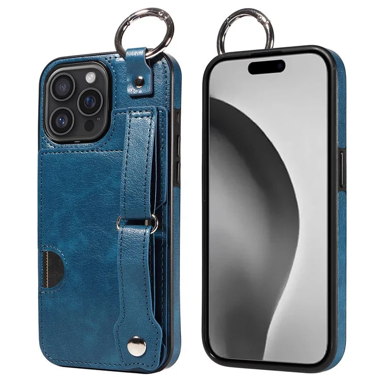 008 For iPhone 16 Pro Max Case Wristband Kickstand PU Leather TPU Phone Cover