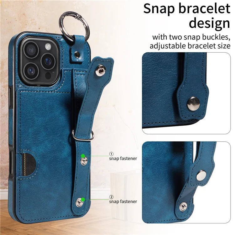 008 For iPhone 16 Pro Max Case Wristband Kickstand PU Leather TPU Phone Cover