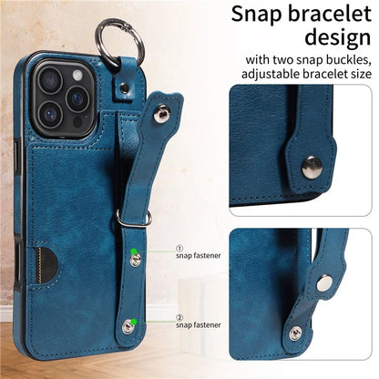 008 For iPhone 16 Pro Max Case Wristband Kickstand PU Leather TPU Phone Cover