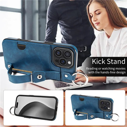 008 For iPhone 16 Pro Max Case Wristband Kickstand PU Leather TPU Phone Cover