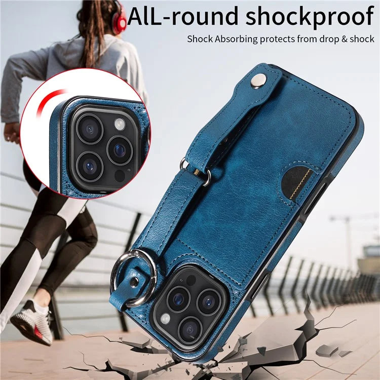 008 For iPhone 16 Pro Max Case Wristband Kickstand PU Leather TPU Phone Cover