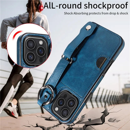 008 For iPhone 16 Pro Max Case Wristband Kickstand PU Leather TPU Phone Cover