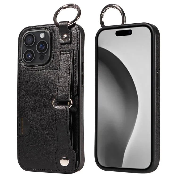008 For iPhone 16 Pro Max Case Wristband Kickstand PU Leather TPU Phone Cover
