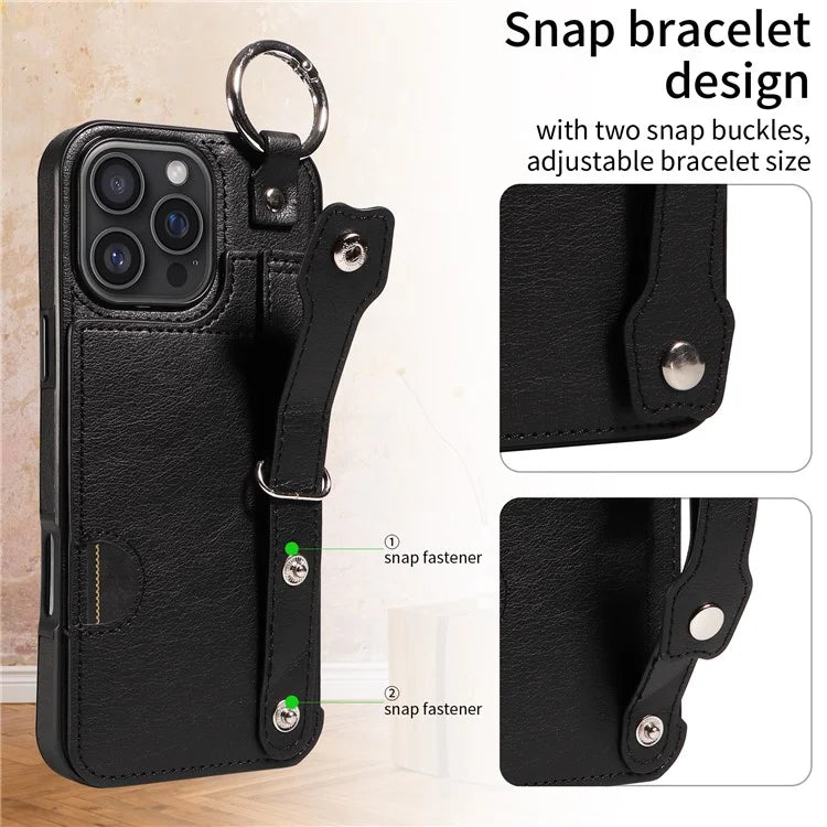 008 For iPhone 16 Pro Max Case Wristband Kickstand PU Leather TPU Phone Cover