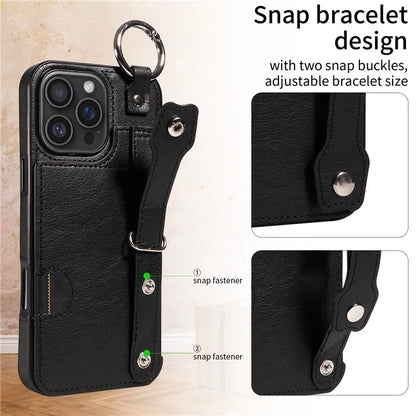 008 For iPhone 16 Pro Max Case Wristband Kickstand PU Leather TPU Phone Cover