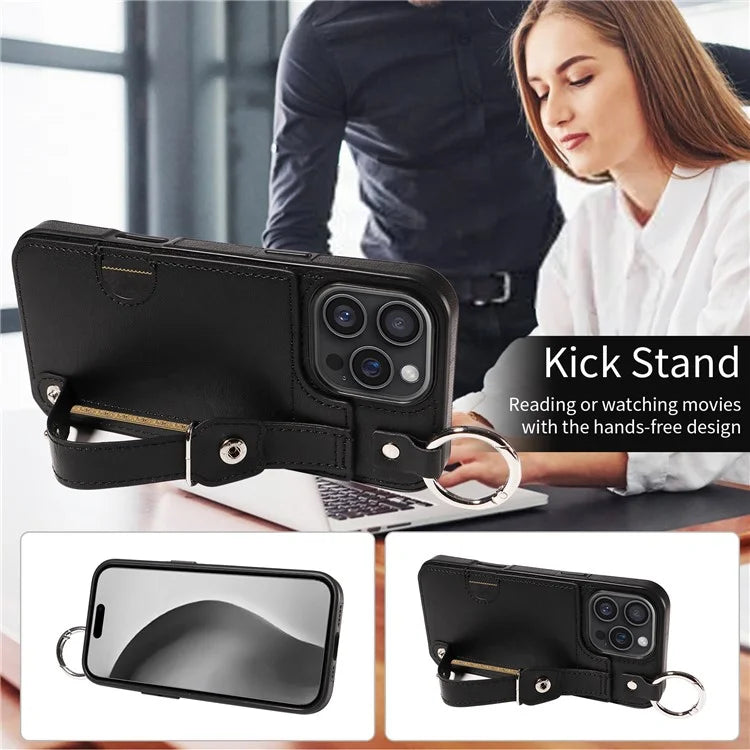 008 For iPhone 16 Pro Max Case Wristband Kickstand PU Leather TPU Phone Cover