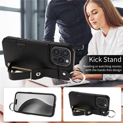 008 For iPhone 16 Pro Max Case Wristband Kickstand PU Leather TPU Phone Cover