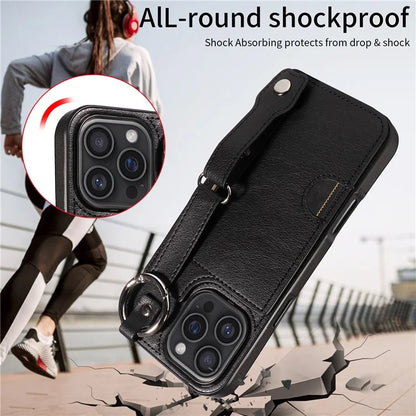 008 For iPhone 16 Pro Max Case Wristband Kickstand PU Leather TPU Phone Cover