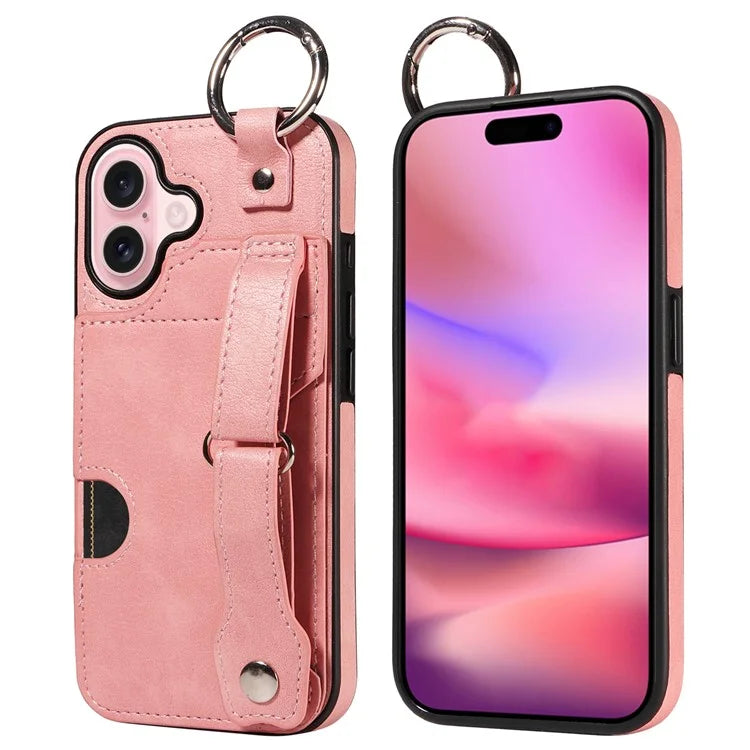 008 For iPhone 16 Case Wristband Kickstand PU Leather TPU Phone Cover