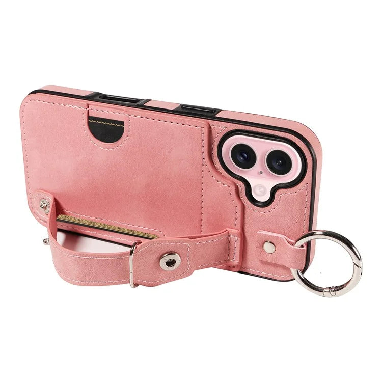 008 For iPhone 16 Case Wristband Kickstand PU Leather TPU Phone Cover