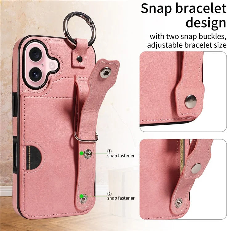 008 For iPhone 16 Case Wristband Kickstand PU Leather TPU Phone Cover