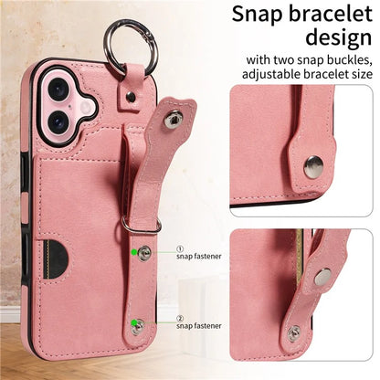 008 For iPhone 16 Case Wristband Kickstand PU Leather TPU Phone Cover