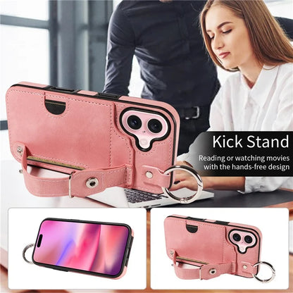 008 For iPhone 16 Case Wristband Kickstand PU Leather TPU Phone Cover