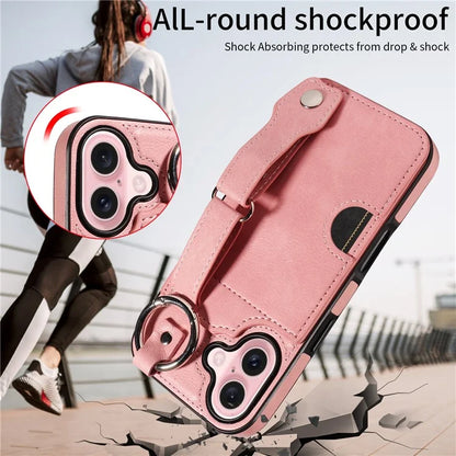 008 For iPhone 16 Case Wristband Kickstand PU Leather TPU Phone Cover