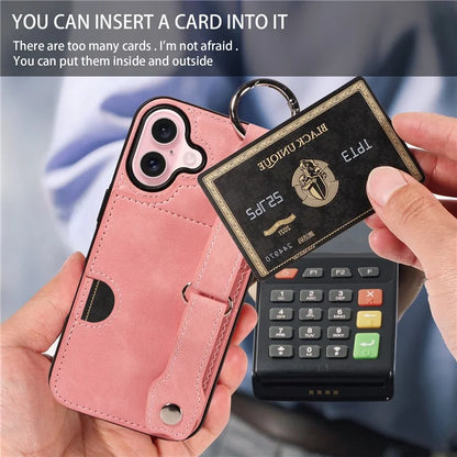 008 For iPhone 16 Case Wristband Kickstand PU Leather TPU Phone Cover