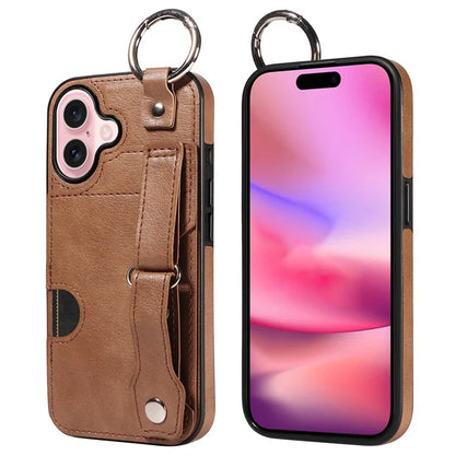 008 For iPhone 16 Case Wristband Kickstand PU Leather TPU Phone Cover