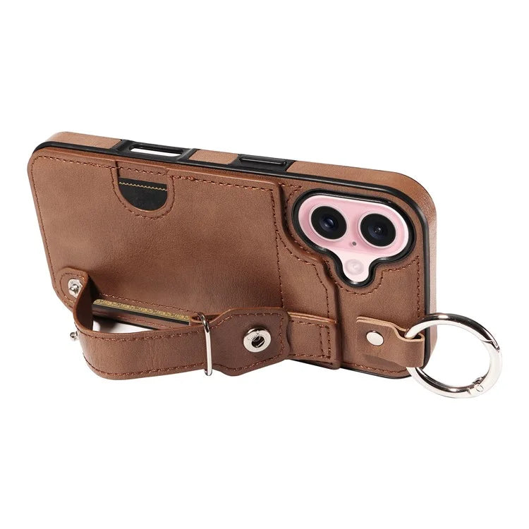 008 For iPhone 16 Case Wristband Kickstand PU Leather TPU Phone Cover
