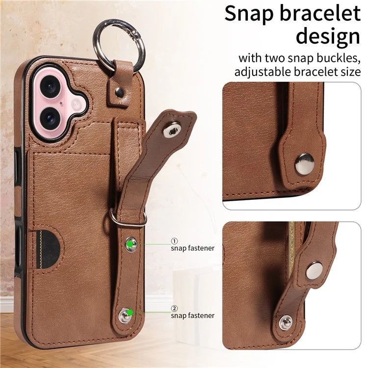 008 For iPhone 16 Case Wristband Kickstand PU Leather TPU Phone Cover