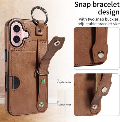 008 For iPhone 16 Case Wristband Kickstand PU Leather TPU Phone Cover