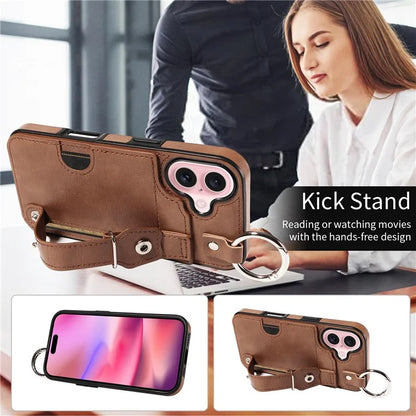 008 For iPhone 16 Case Wristband Kickstand PU Leather TPU Phone Cover