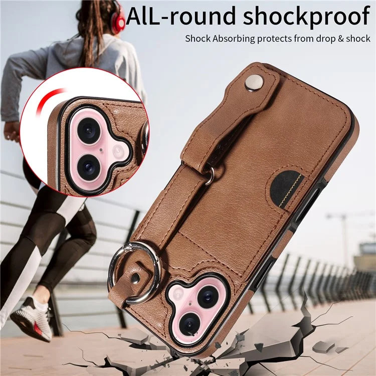 008 For iPhone 16 Case Wristband Kickstand PU Leather TPU Phone Cover