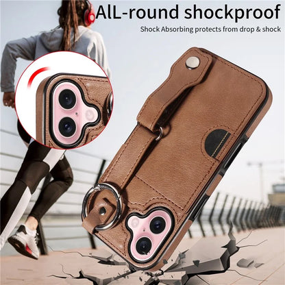 008 For iPhone 16 Case Wristband Kickstand PU Leather TPU Phone Cover