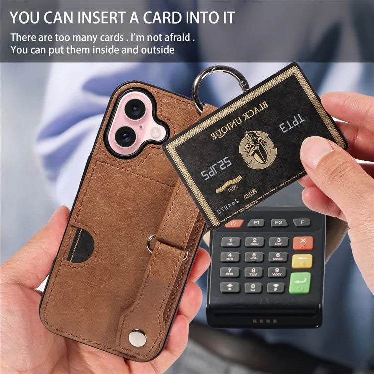008 For iPhone 16 Case Wristband Kickstand PU Leather TPU Phone Cover