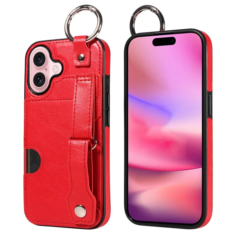 008 For iPhone 16 Case Wristband Kickstand PU Leather TPU Phone Cover