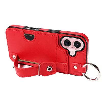 008 For iPhone 16 Case Wristband Kickstand PU Leather TPU Phone Cover