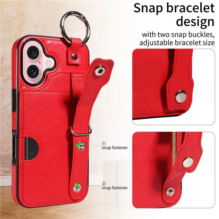008 For iPhone 16 Case Wristband Kickstand PU Leather TPU Phone Cover