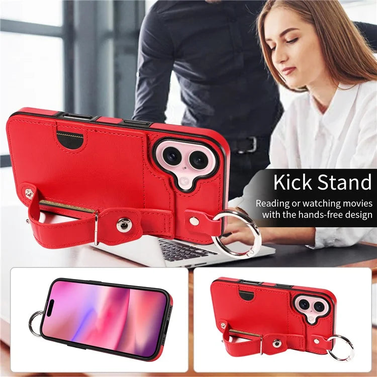 008 For iPhone 16 Case Wristband Kickstand PU Leather TPU Phone Cover
