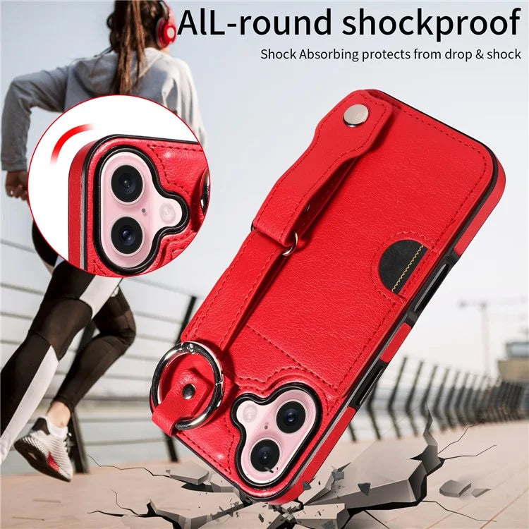 008 For iPhone 16 Case Wristband Kickstand PU Leather TPU Phone Cover