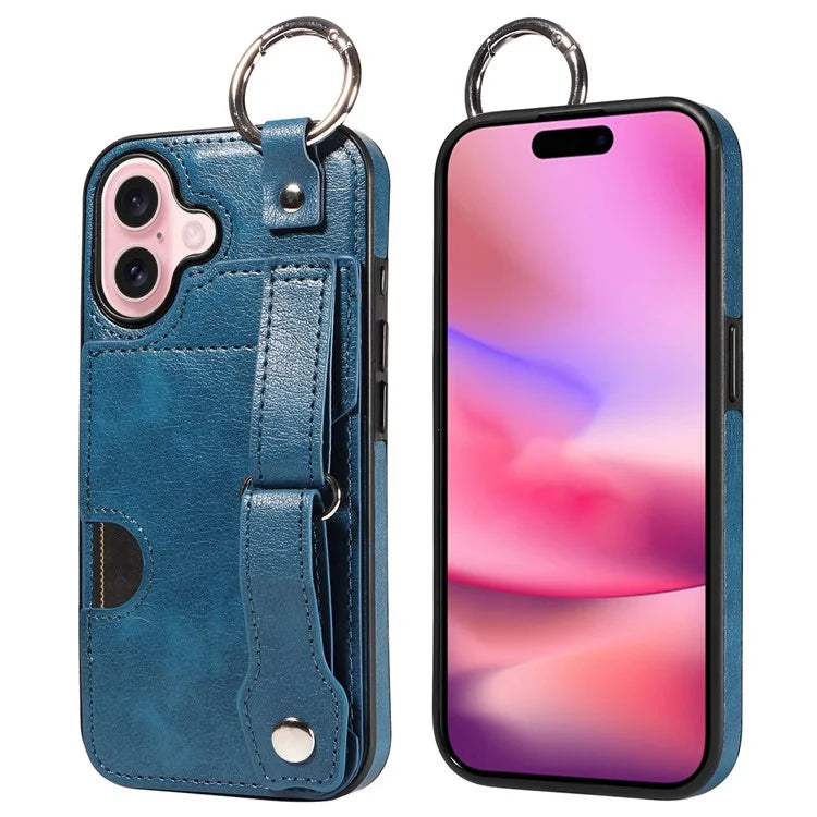 008 For iPhone 16 Case Wristband Kickstand PU Leather TPU Phone Cover