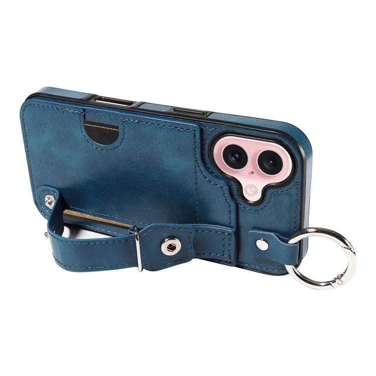 008 For iPhone 16 Case Wristband Kickstand PU Leather TPU Phone Cover