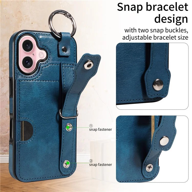 008 For iPhone 16 Case Wristband Kickstand PU Leather TPU Phone Cover