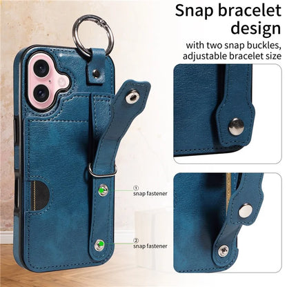 008 For iPhone 16 Case Wristband Kickstand PU Leather TPU Phone Cover