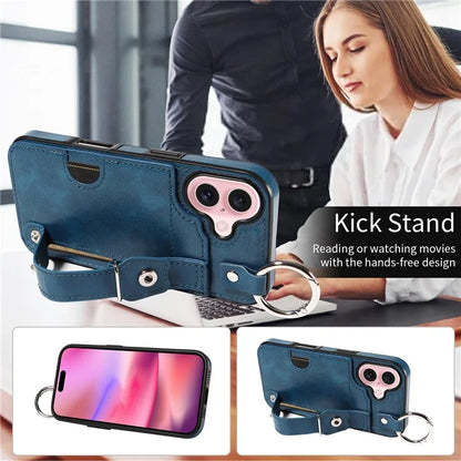 008 For iPhone 16 Case Wristband Kickstand PU Leather TPU Phone Cover