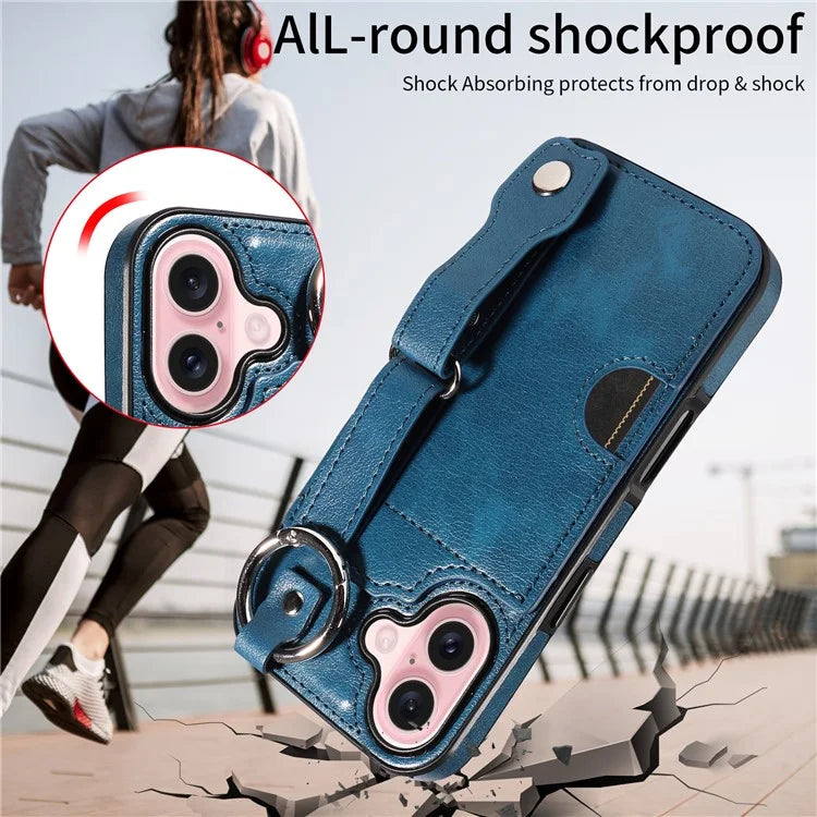 008 For iPhone 16 Case Wristband Kickstand PU Leather TPU Phone Cover