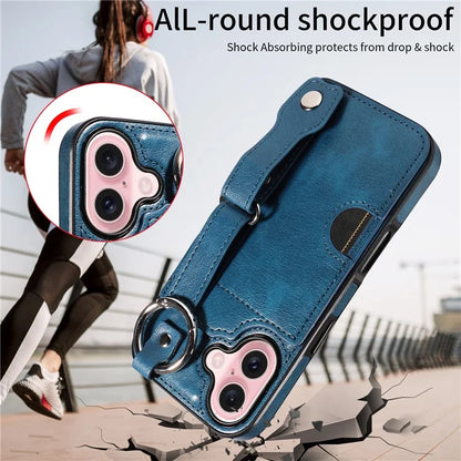 008 For iPhone 16 Case Wristband Kickstand PU Leather TPU Phone Cover