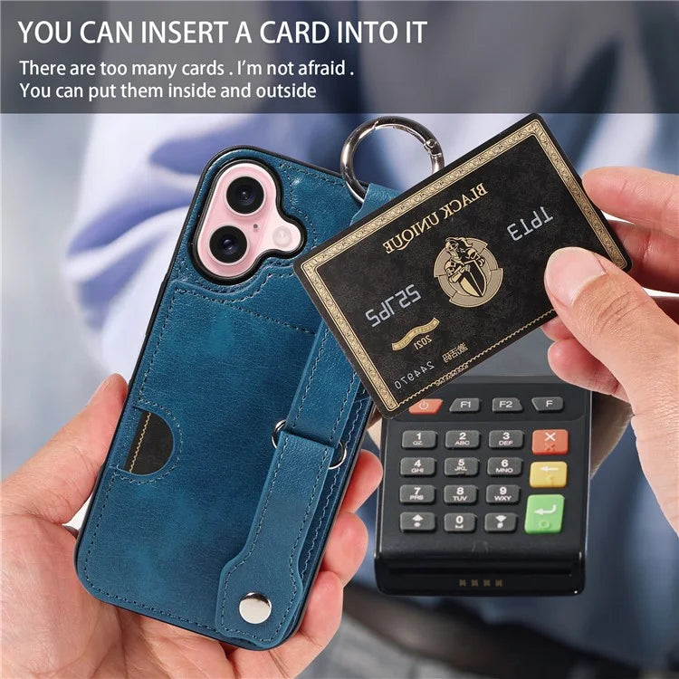 008 For iPhone 16 Case Wristband Kickstand PU Leather TPU Phone Cover