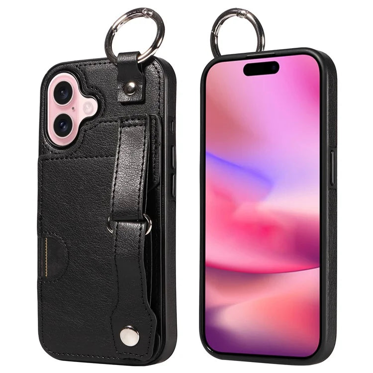 008 For iPhone 16 Case Wristband Kickstand PU Leather TPU Phone Cover